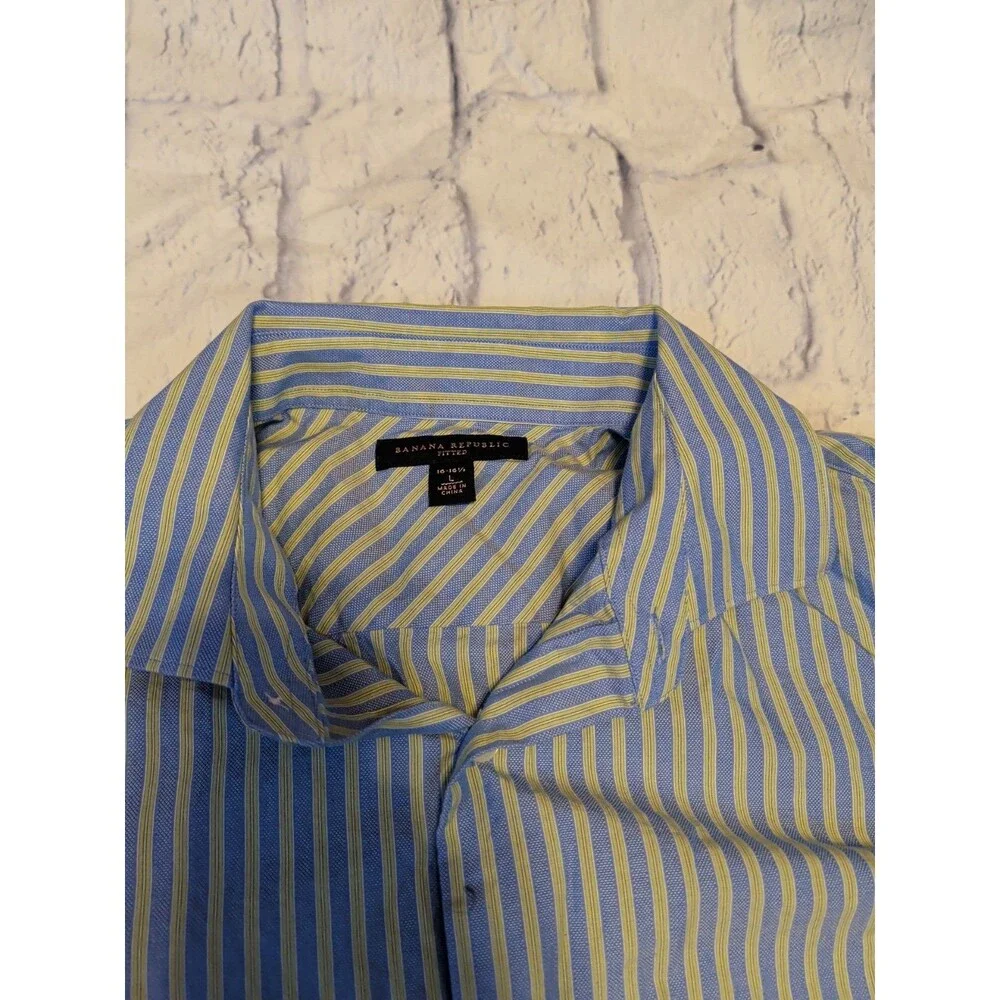 Banana Republic Shirt Mens Large Blue & Green Striped Fitted Button